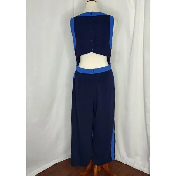 Anthropologie Elevenses Jumpsuit 10 Beca Blue Colorblock Wide Leg Copped Cut Out - Picture 5 of 15